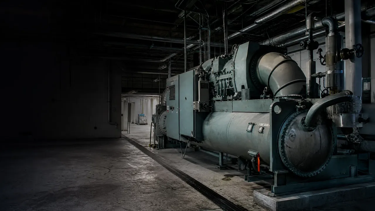 Large industrial centrifugal chiller in a mechanical plant room