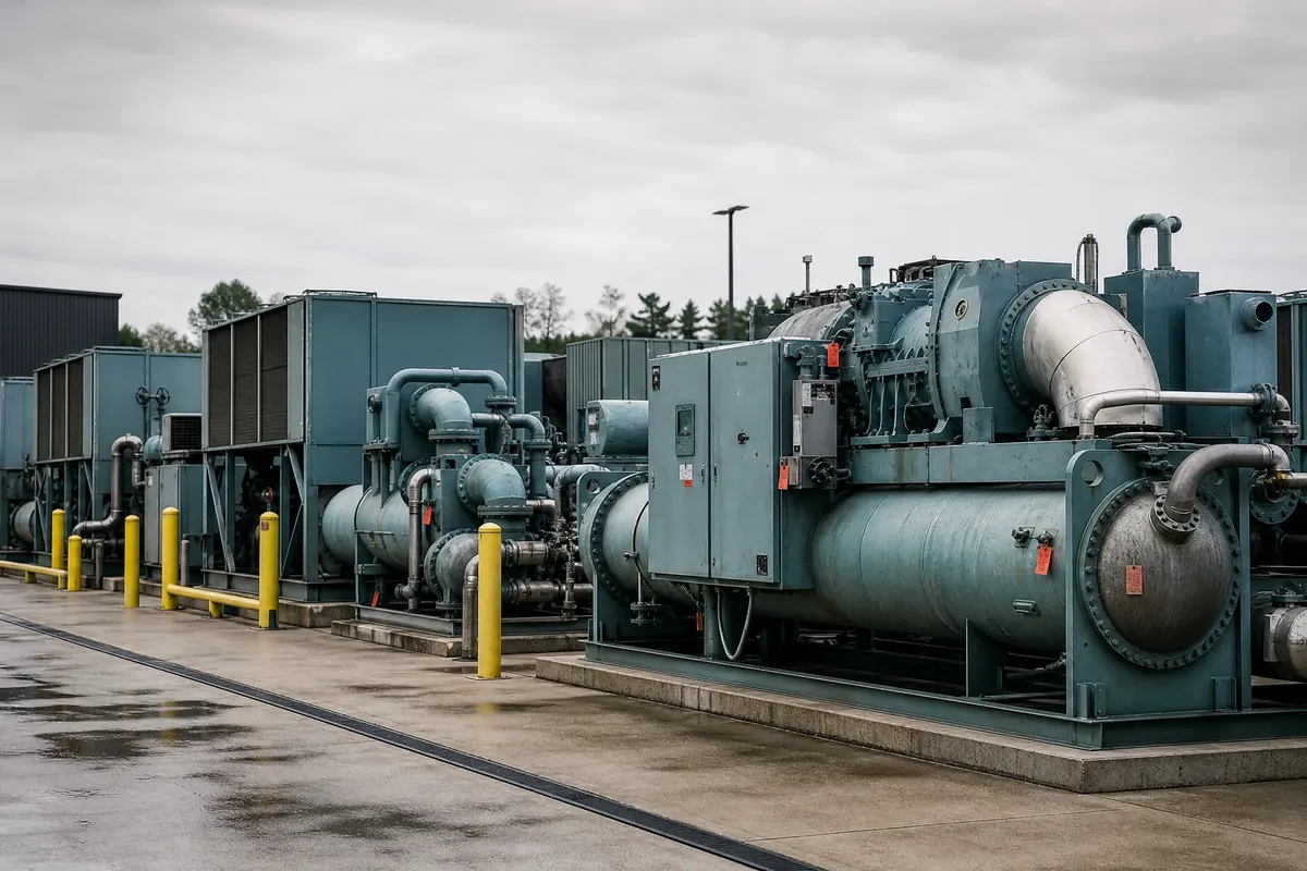 Used industrial chillers organized for inspection and transport